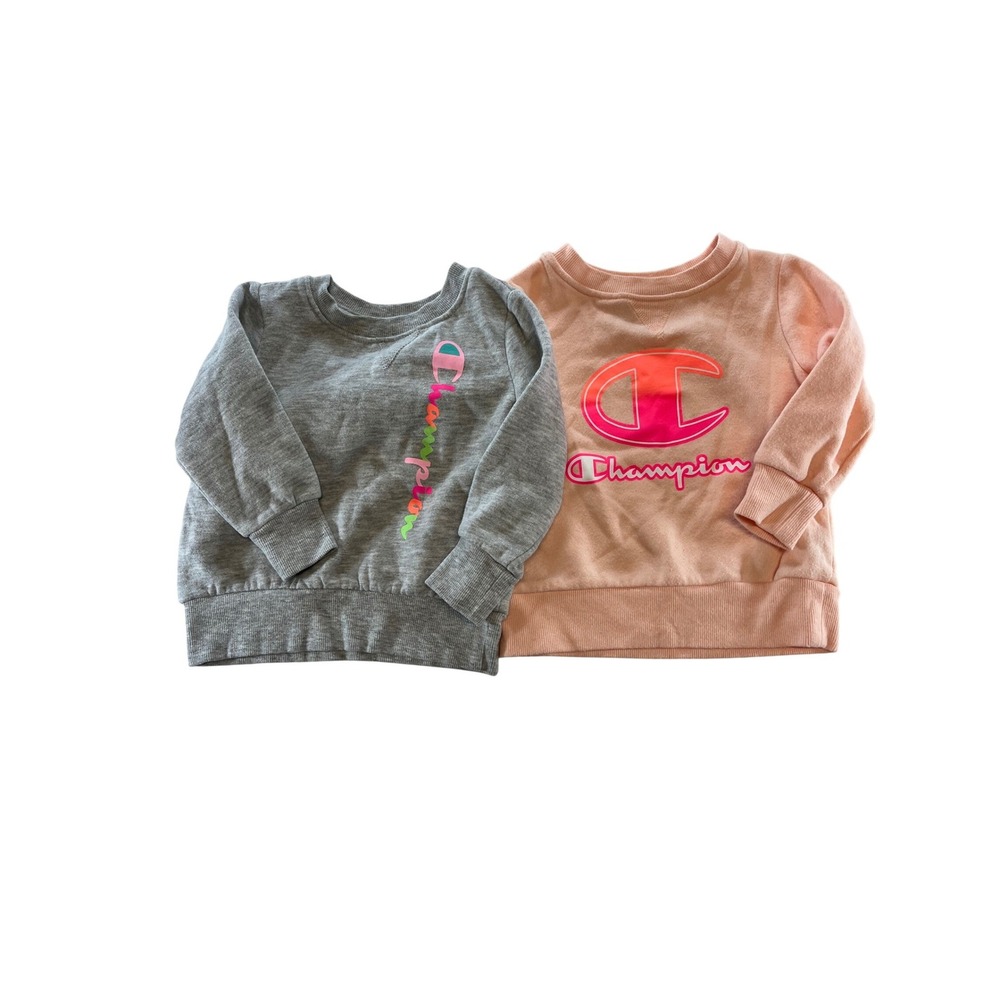 TWO Kids Champion Sweatshirts Set Toddler Girls Size 18 Months Grey Pink Logo